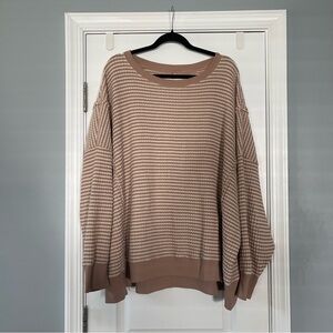 American Eagle AE Big Hug Oversized Waffle Crew Neck Pullover Striped Neutral XL